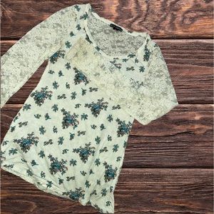 Lace Longsleeve Floral Print Lace Back Top